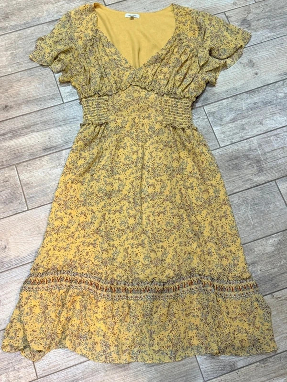 Max Studio Mustard Yellow Floral Boho Ruffle Smocked Waist Midi Dress XL skuW032